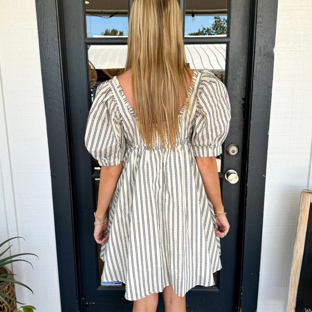 Striped Square-Neck Puff Sleeve Mini Dress - Cream/Black - Picture 2 of 4